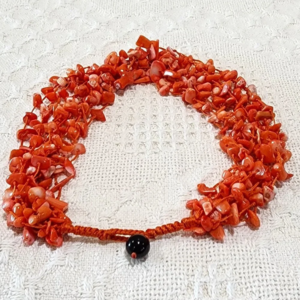 Artisan Mid-Century MCM Orange Coral Abalone Shell 10-Strand Statement Necklace